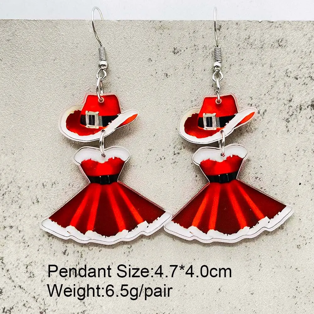 Wholesale Christmas Cute Princess Dress Western Denim Santa Hat Acrylic Earrings