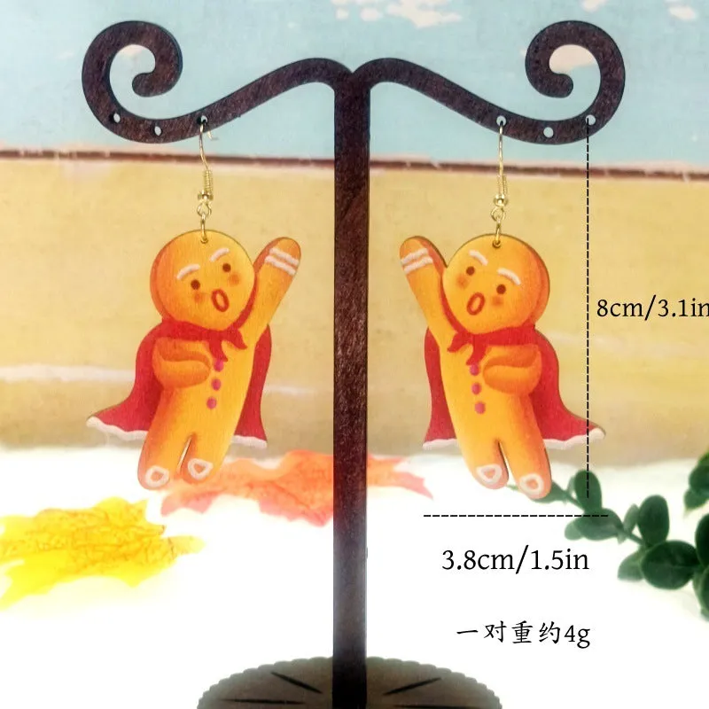 Wholesale Christmas Gingerbread Man Wooden Cutting Color Printing Creative Cartoon Man Earrings