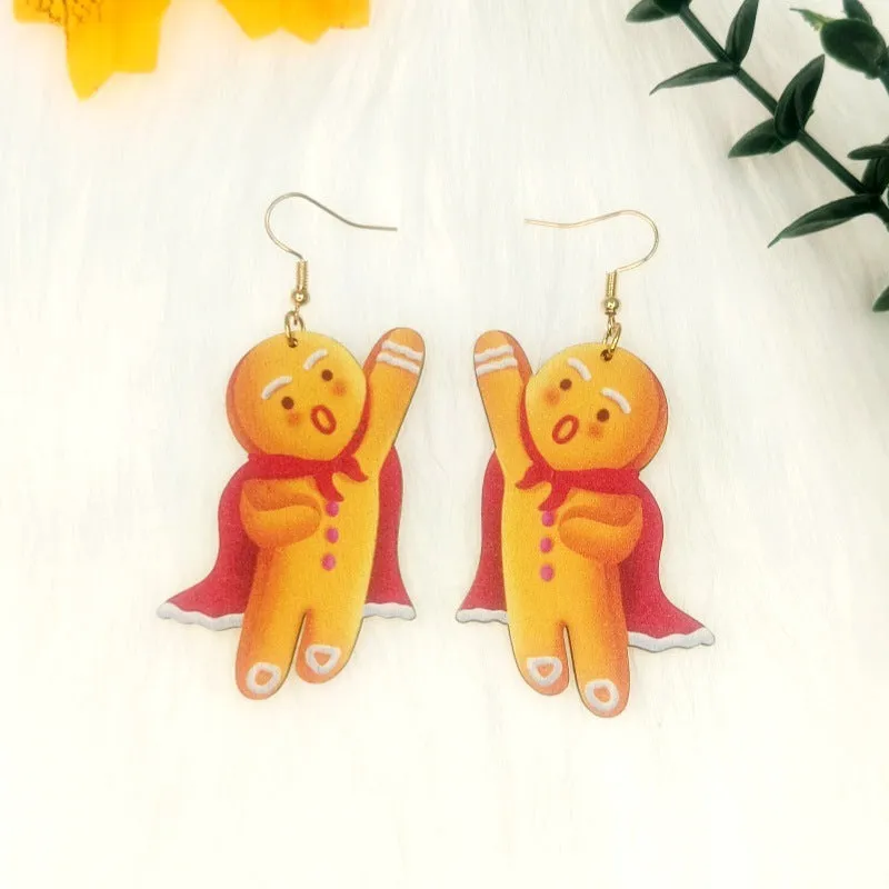 Wholesale Christmas Gingerbread Man Wooden Cutting Color Printing Creative Cartoon Man Earrings