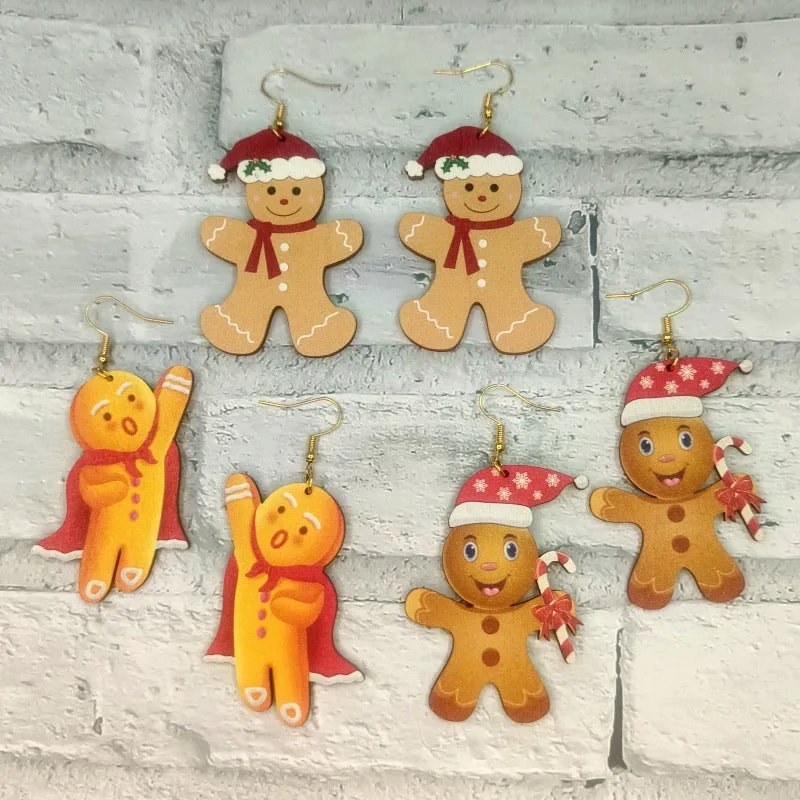 Wholesale Christmas Gingerbread Man Wooden Cutting Color Printing Creative Cartoon Man Earrings
