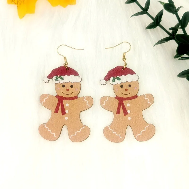 Wholesale Christmas Gingerbread Man Wooden Cutting Color Printing Creative Cartoon Man Earrings