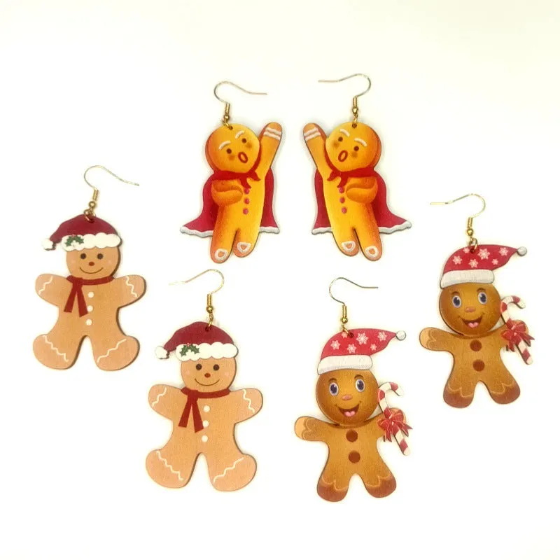 Wholesale Christmas Gingerbread Man Wooden Cutting Color Printing Creative Cartoon Man Earrings
