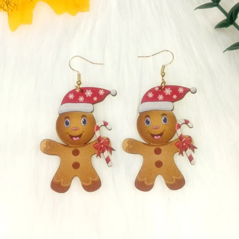 Wholesale Christmas Gingerbread Man Wooden Cutting Color Printing Creative Cartoon Man Earrings
