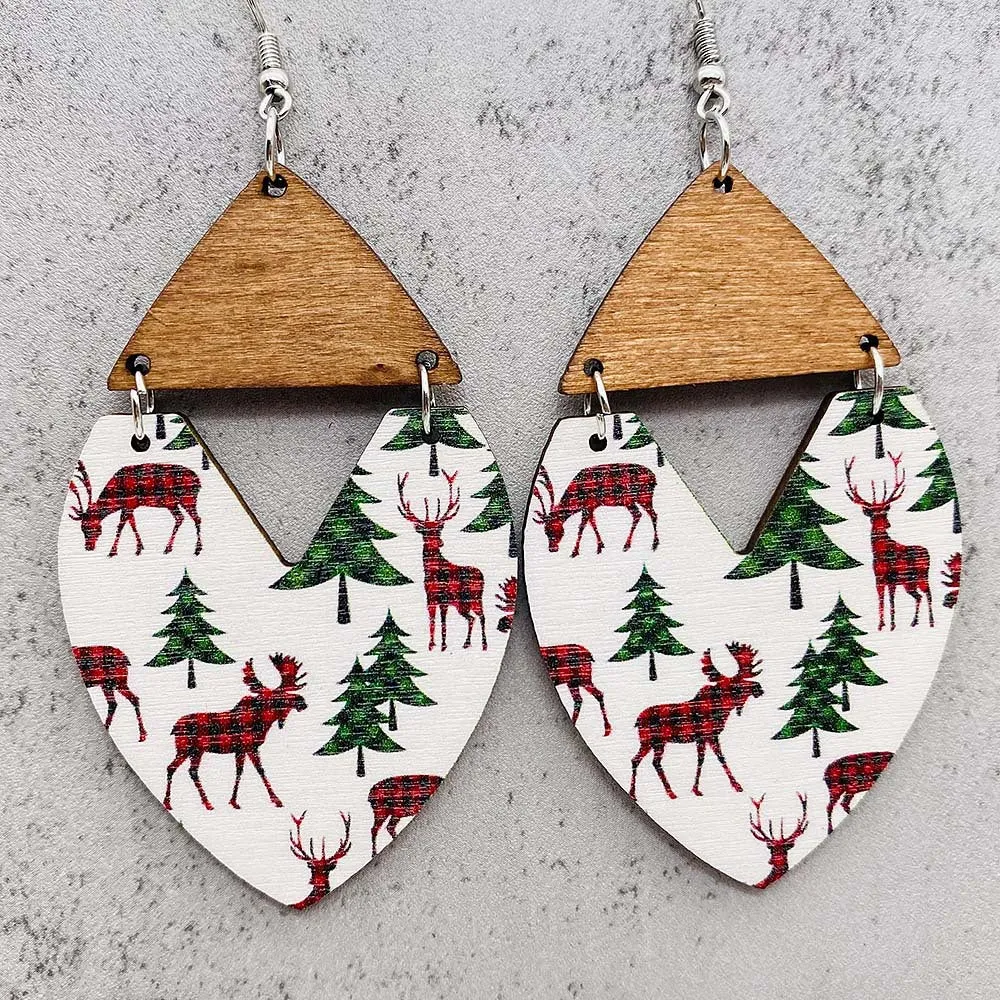 Wholesale Christmas Gnome Dwarf Elk Patchwork Wooden Earrings