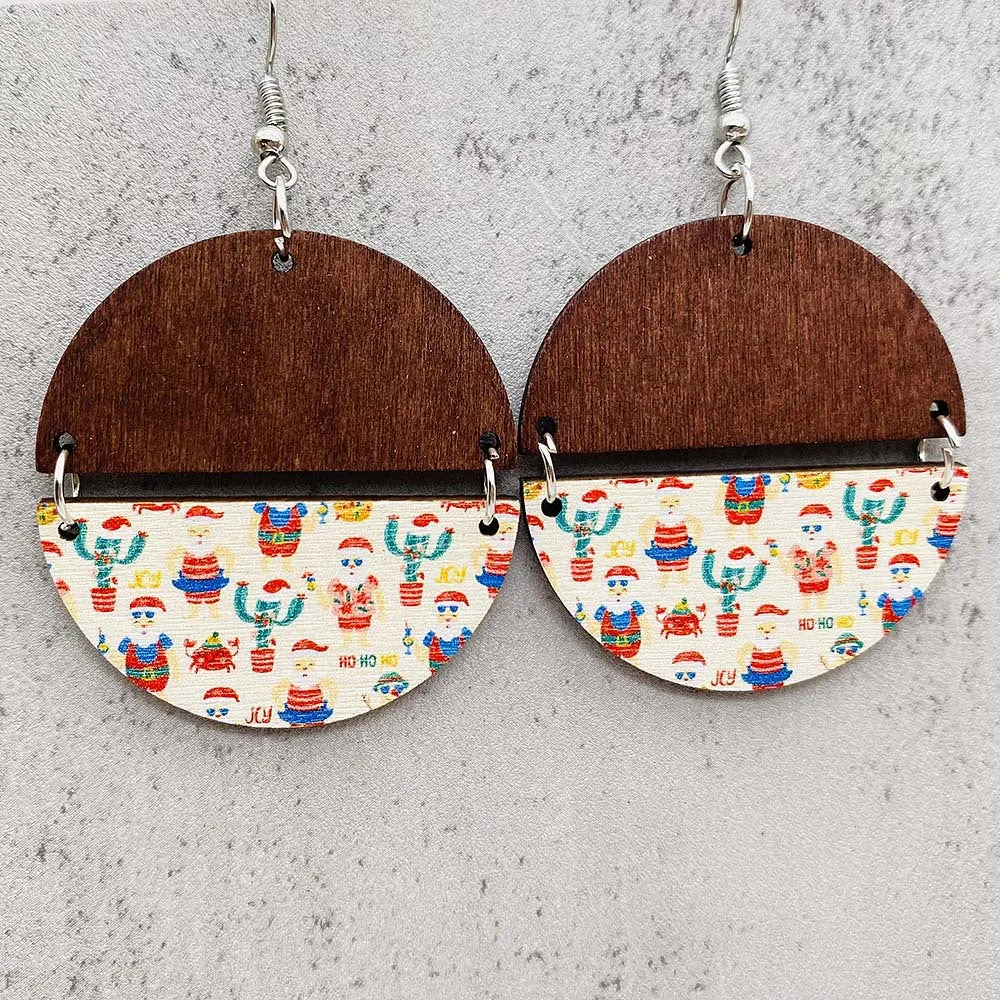 Wholesale Christmas Gnome Dwarf Elk Patchwork Wooden Earrings
