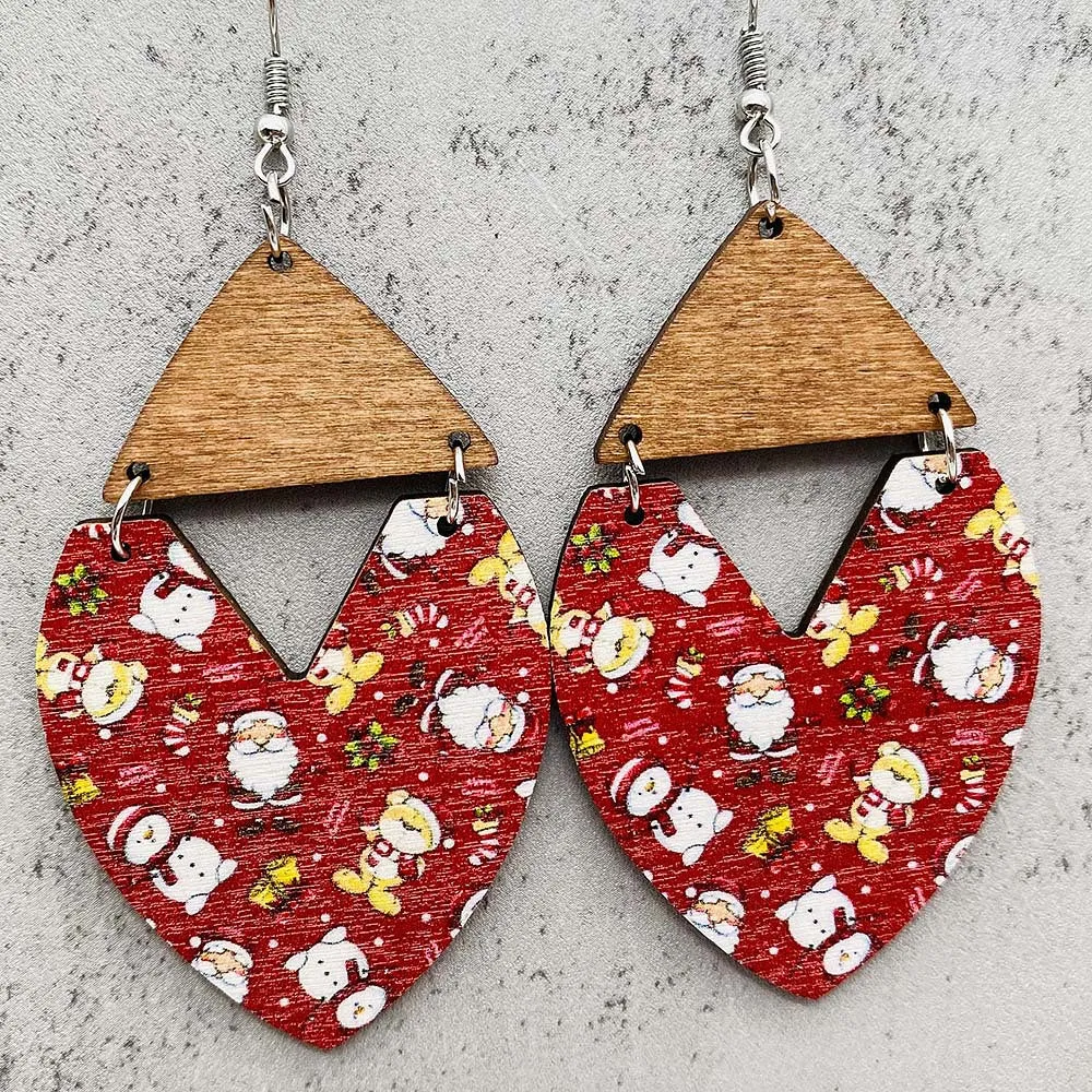 Wholesale Christmas Gnome Dwarf Elk Patchwork Wooden Earrings