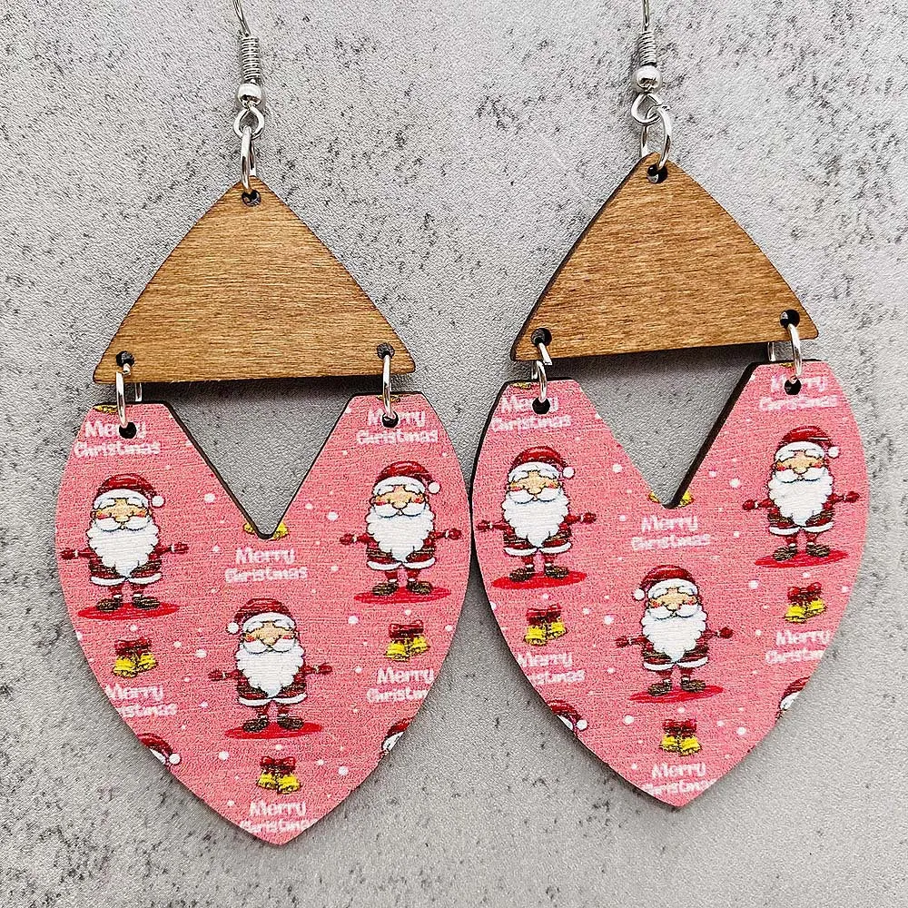 Wholesale Christmas Gnome Dwarf Elk Patchwork Wooden Earrings