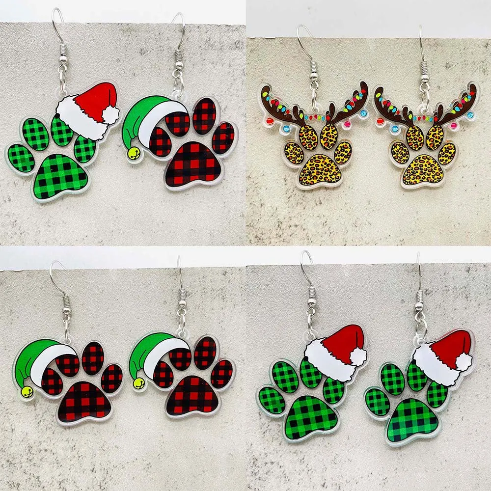 Wholesale Christmas Green Red Plaid Cat's Paw Leopard Print Elk Acrylic Earrings