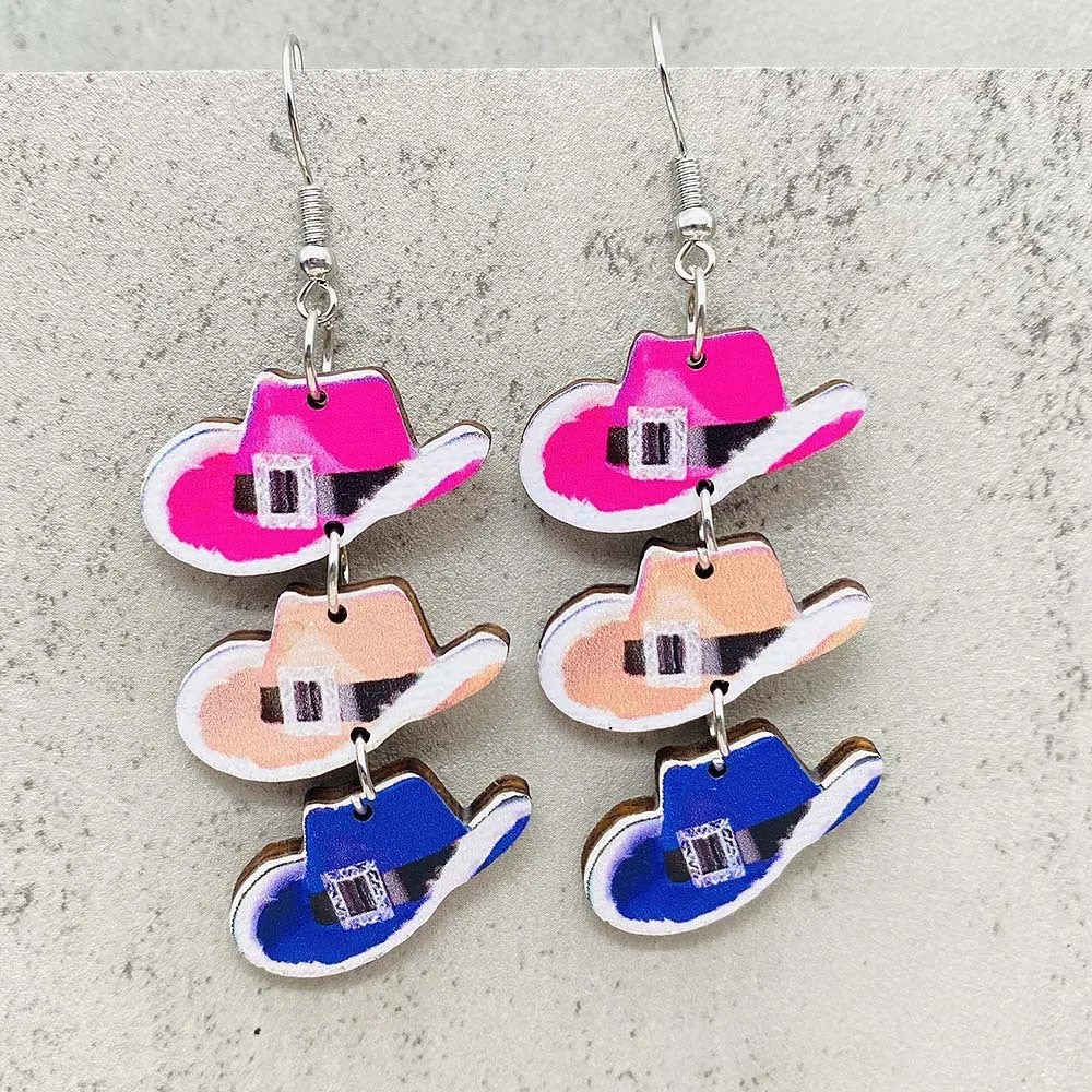 Wholesale Christmas Ornament Cute Princess Dress Western Denim Santa Hat Wooden Earrings