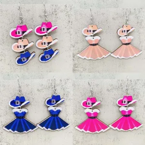 Wholesale Christmas Ornament Cute Princess Dress Western Denim Santa Hat Wooden Earrings