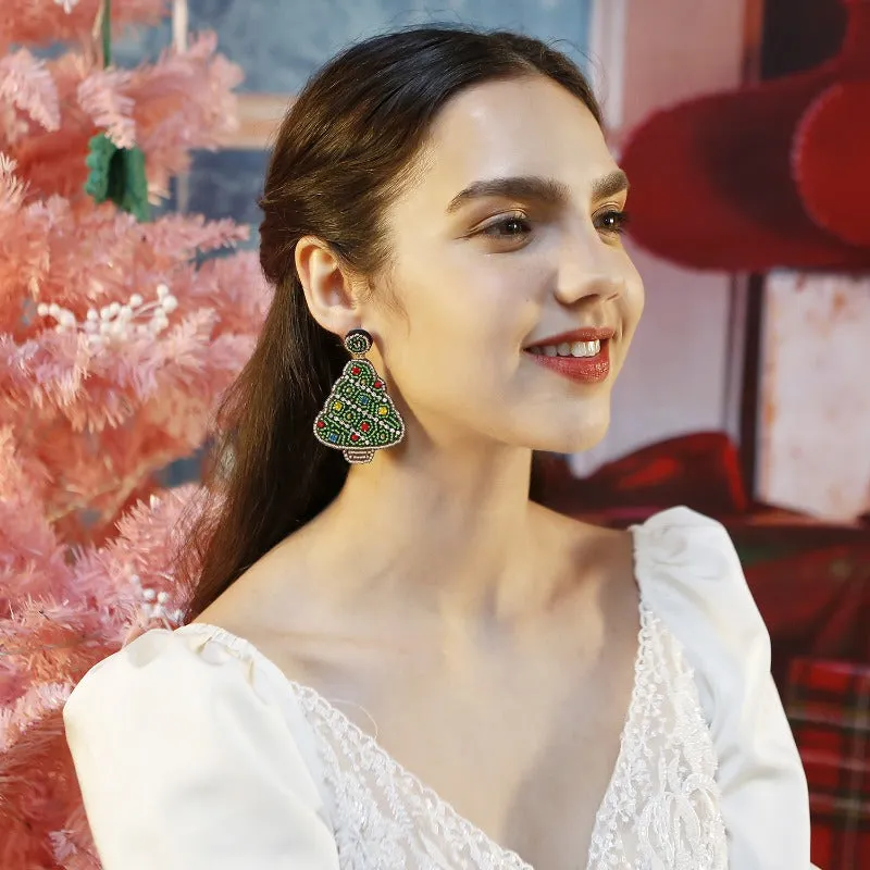 Wholesale Christmas Rice Bead Countryside Style Exaggerated Lightweight Holiday Hand Woven Earrings