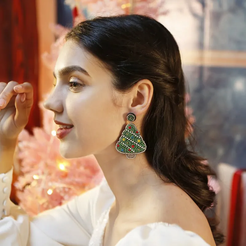Wholesale Christmas Rice Bead Countryside Style Exaggerated Lightweight Holiday Hand Woven Earrings