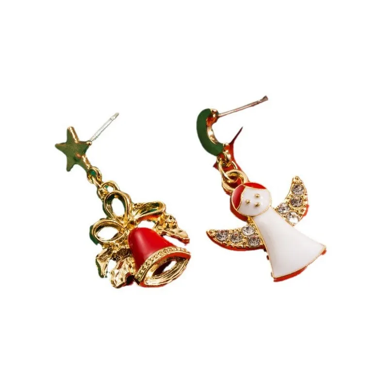 Wholesale Christmas S925 Silver Needle Personality Angel Bell Asymmetrical Oil Drop Earrings