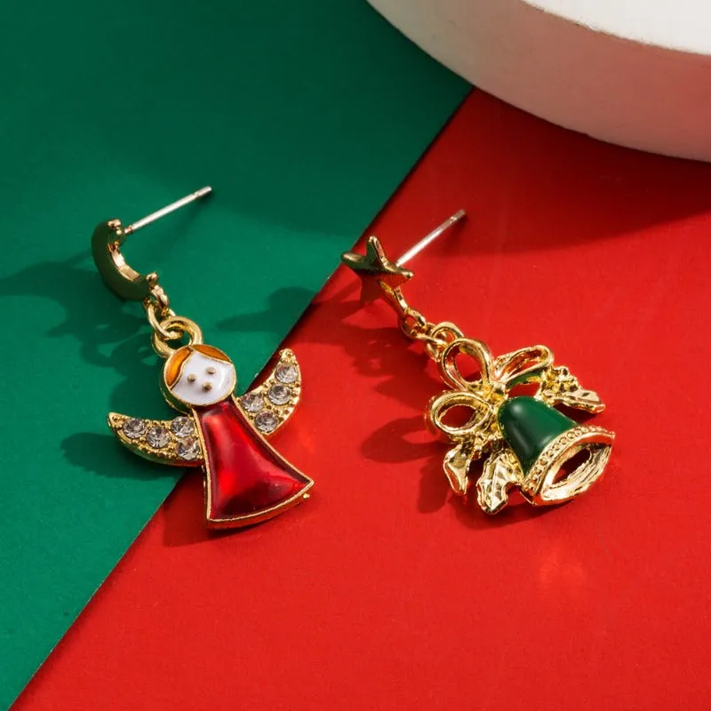 Wholesale Christmas S925 Silver Needle Personality Angel Bell Asymmetrical Oil Drop Earrings