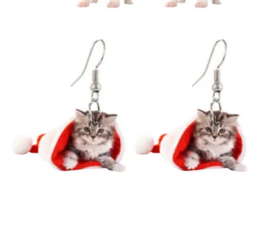 Wholesale Christmas Santa Claus Chihuahua Christmas Hat Kitten Bell Elk Christmas Tree Earrings