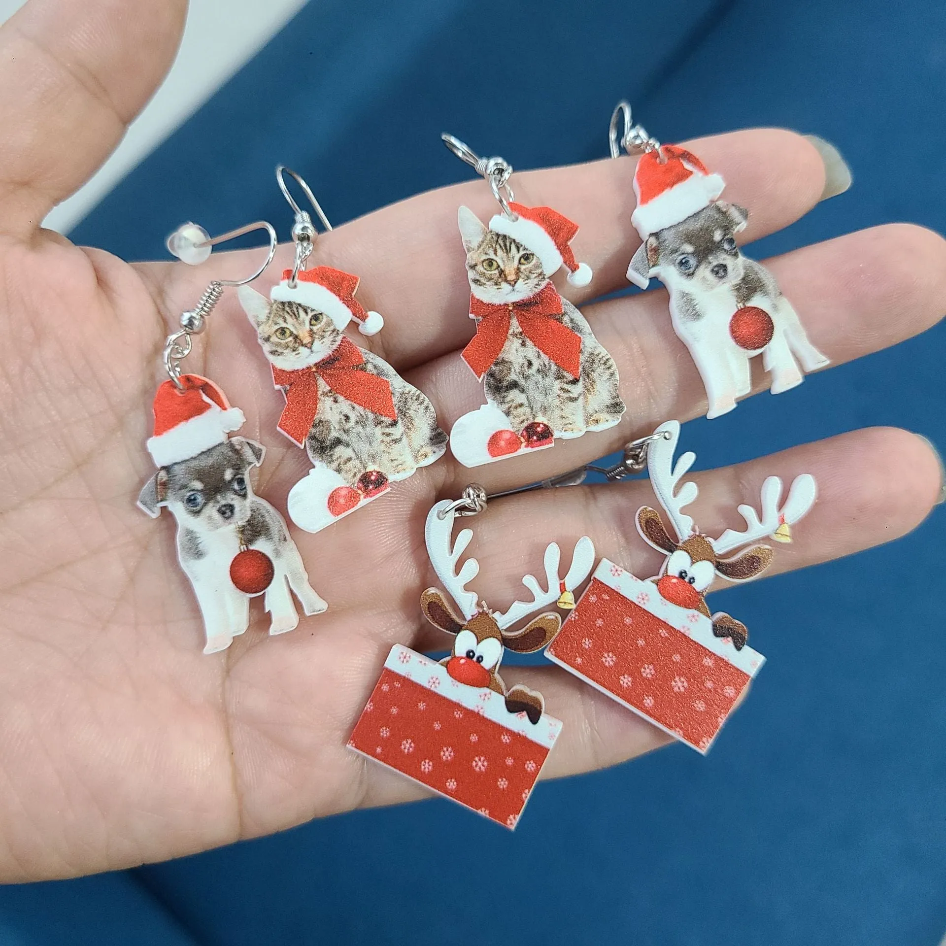 Wholesale Christmas Santa Claus Chihuahua Christmas Hat Kitten Bell Elk Christmas Tree Earrings