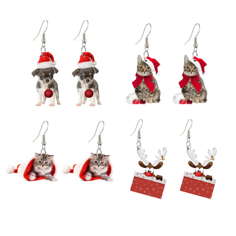 Wholesale Christmas Santa Claus Chihuahua Christmas Hat Kitten Bell Elk Christmas Tree Earrings