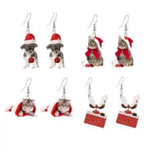 Wholesale Christmas Santa Claus Chihuahua Christmas Hat Kitten Bell Elk Christmas Tree Earrings