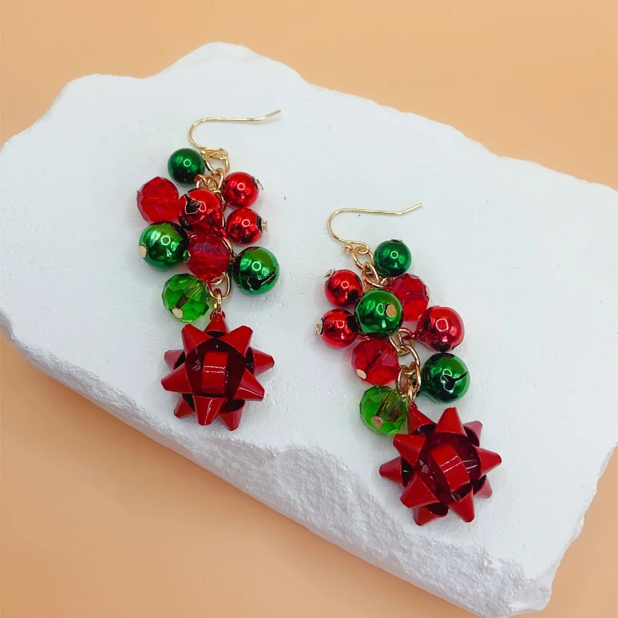 Wholesale Christmas series exaggerated red and green color snowflake Bell tassel Carnival earrings