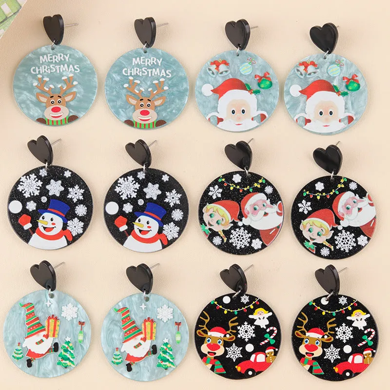 Wholesale Christmas Series Geometric Round Santa Claus Elk Snowman Earrings