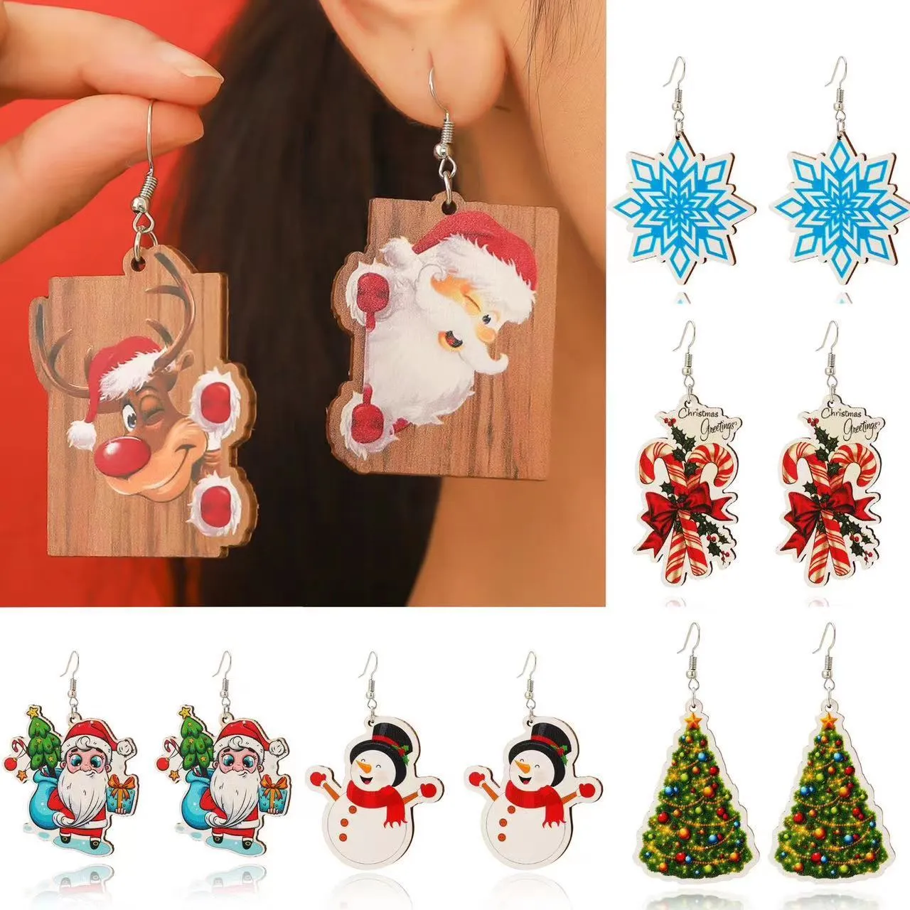 Wholesale Christmas Snowflake Santa Claus Wooden Earrings