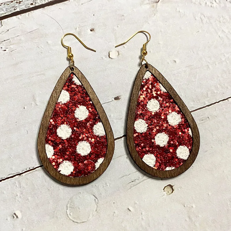 Wholesale Christmas Sparkling Wave Point Wooden Inlaid Leather Classic Water Drop Earrings