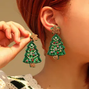 Wholesale Christmas Tree Fabric Handmade Rice Beads Creative Design Beads Christmas Fashion Earrings