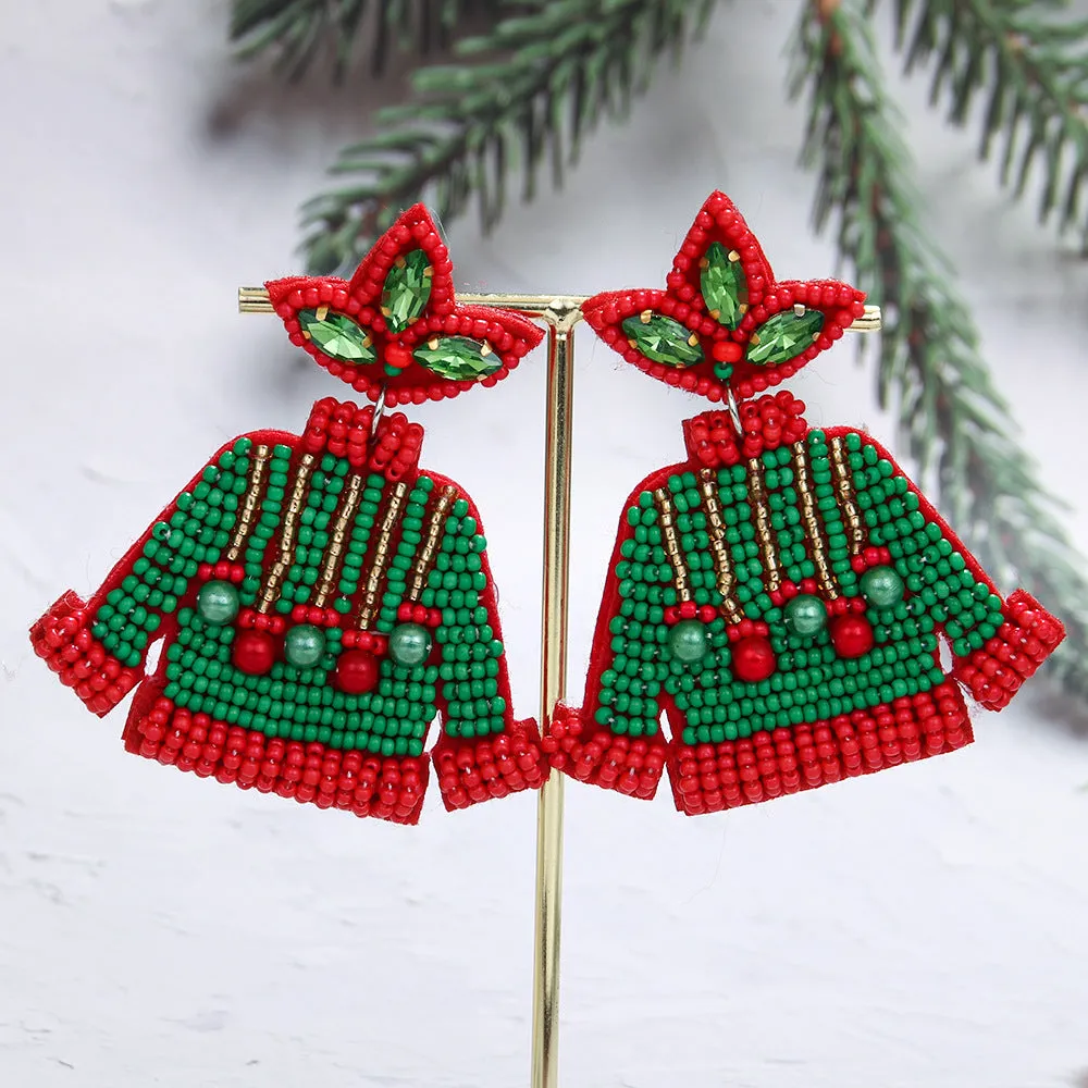 Wholesale Christmas Tree Style Exaggerated Pure Handmade Beaded Rice Bead Earrings