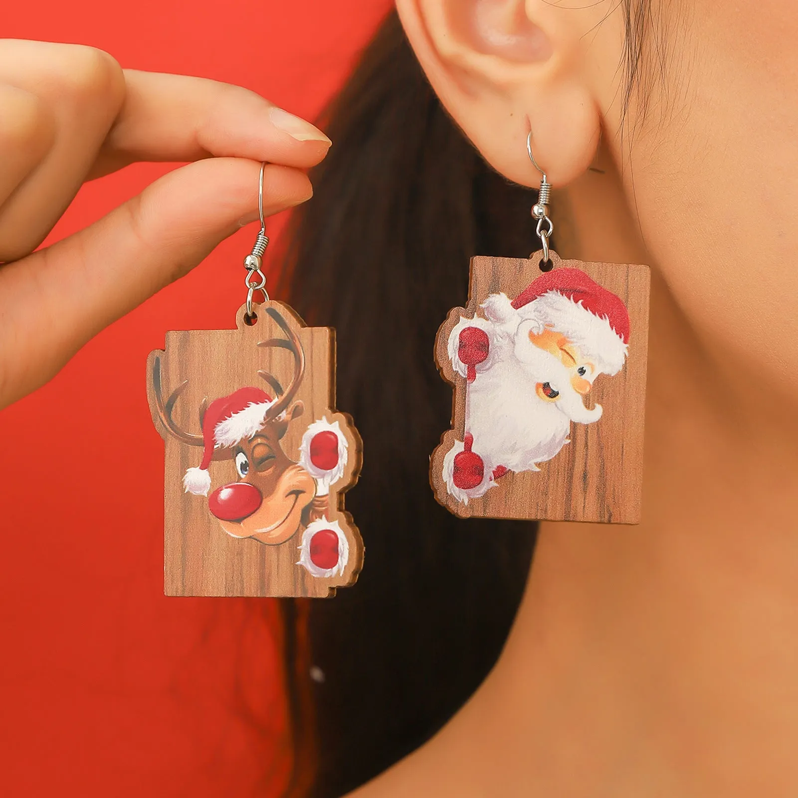 Wholesale Christmas Wood Snowflake Exaggerated Christmas Tree Earrings