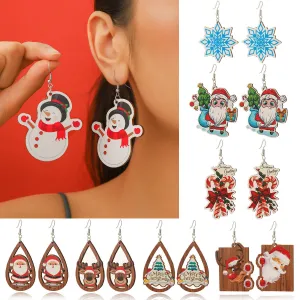 Wholesale Christmas Wood Snowflake Exaggerated Christmas Tree Earrings