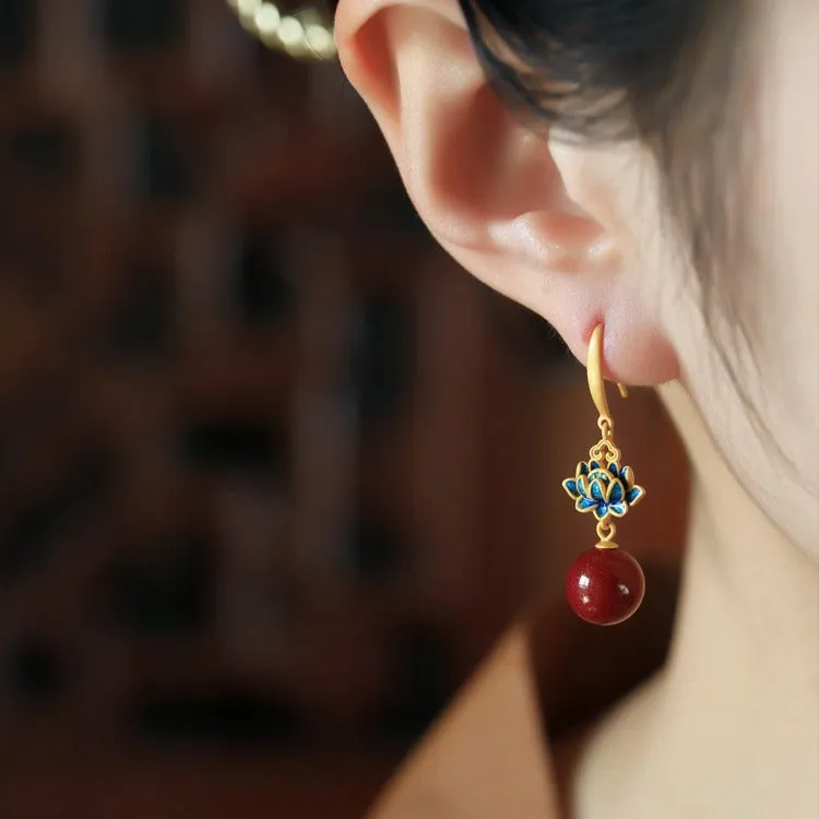 Wholesale Cinnabar Lotus New Chinese Retro Blue Enamel Earrings