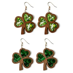 Wholesale Clover Acrylic St. Patrick's Day Wood Texture Inlay Holiday Earrings