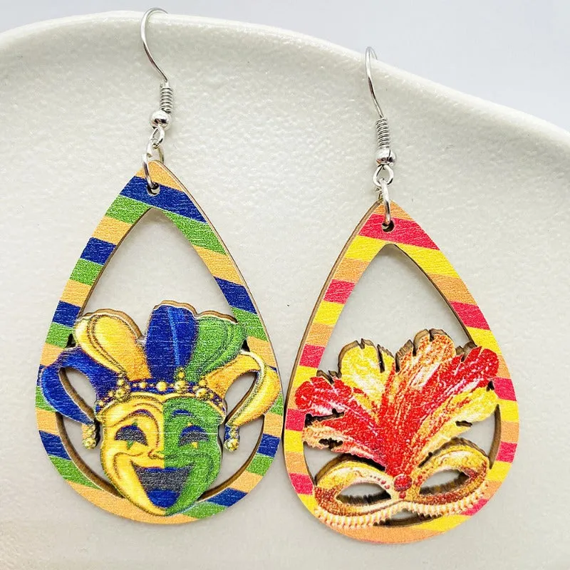Wholesale Colorful Festival Exaggerated Mask Water Drop Hollow Wooden Earrings