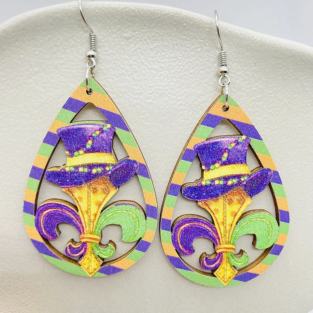 Wholesale Colorful Festival Exaggerated Mask Water Drop Hollow Wooden Earrings