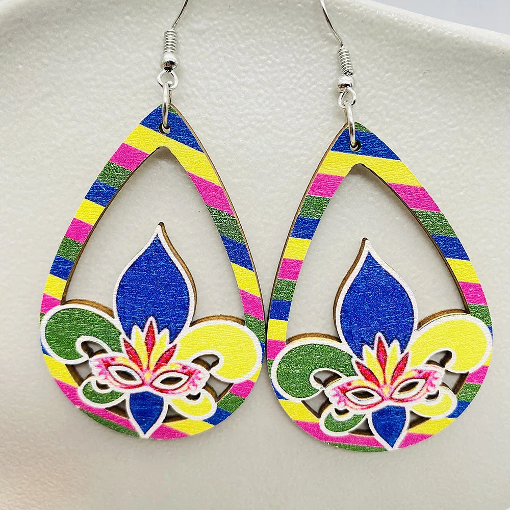 Wholesale Colorful Festival Exaggerated Mask Water Drop Hollow Wooden Earrings