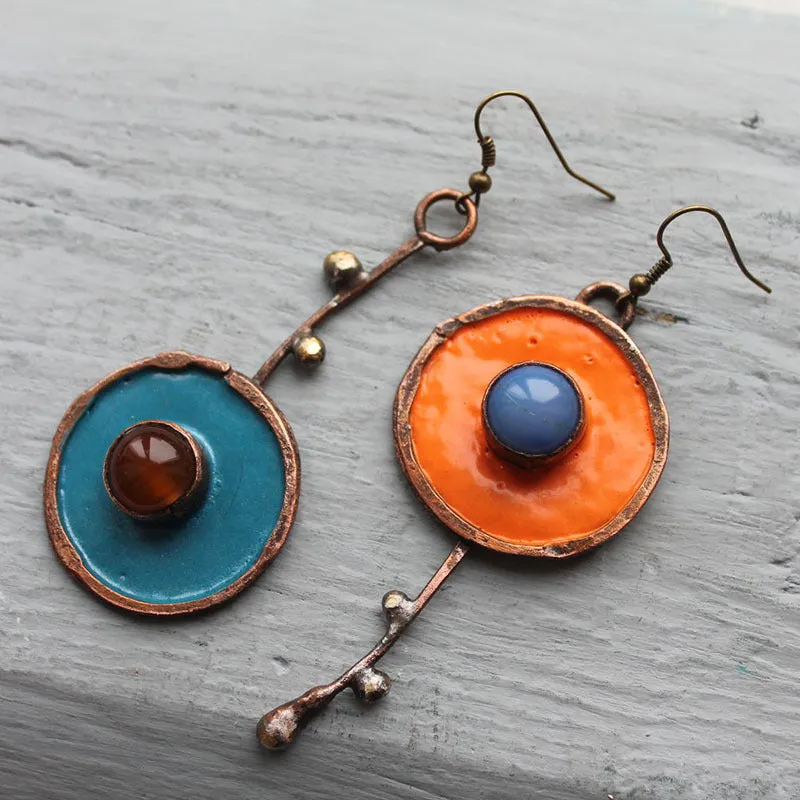 Wholesale Creative Asymmetrical Graffiti Antique Red Copper Artisan-made Diamond Earrings