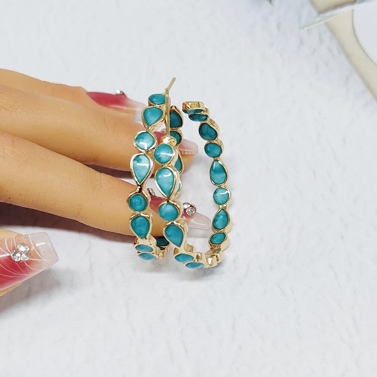 Wholesale creative big C- shaped circle earrings drop-shaped opal earrings