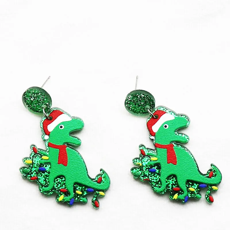 Wholesale Creative Christmas Dinosaur Santa Hat Neon Acrylic Glitter Scarf Purple Earrings