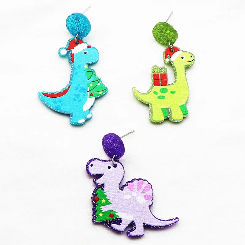 Wholesale Creative Christmas Dinosaur Santa Hat Neon Acrylic Glitter Scarf Purple Earrings