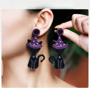 Wholesale Creative Handmade Rice Beads Witch Cat Halloween Earrings