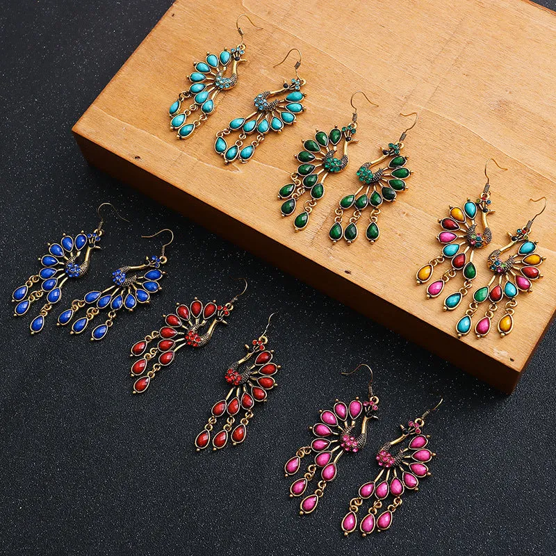 Wholesale Creative Retro Ethnic Style Fashion Bohemian Colored Resin Gemstone Peacock Earrings