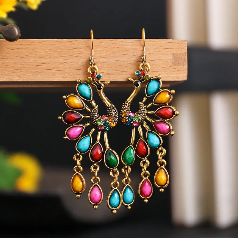 Wholesale Creative Retro Ethnic Style Fashion Bohemian Colored Resin Gemstone Peacock Earrings