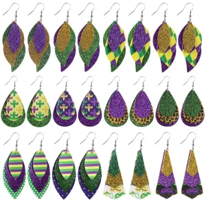 Wholesale Cross-grain single-sided print onion powder water drop three-layer leather earrings