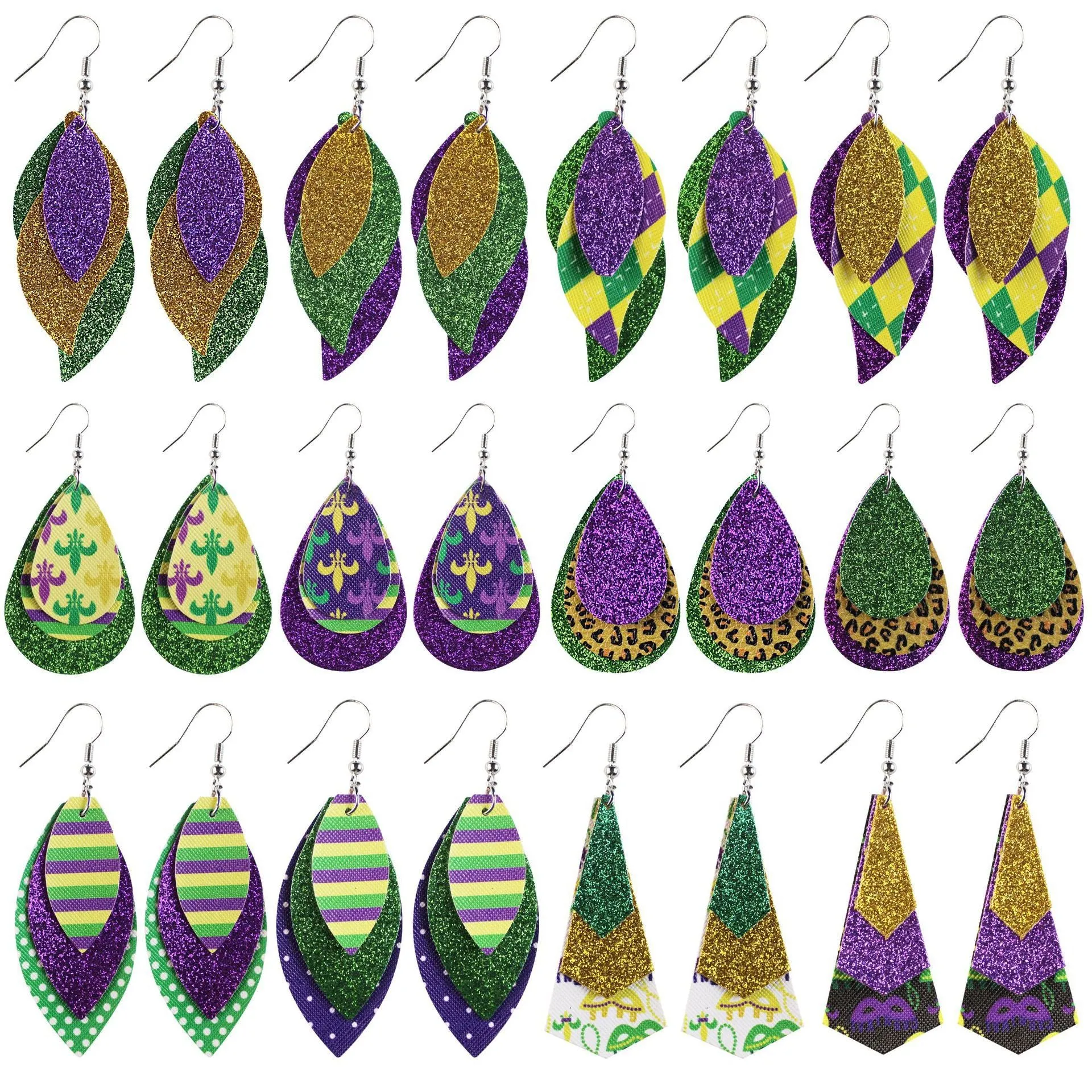 Wholesale Cross-grain single-sided print onion powder water drop three-layer leather earrings