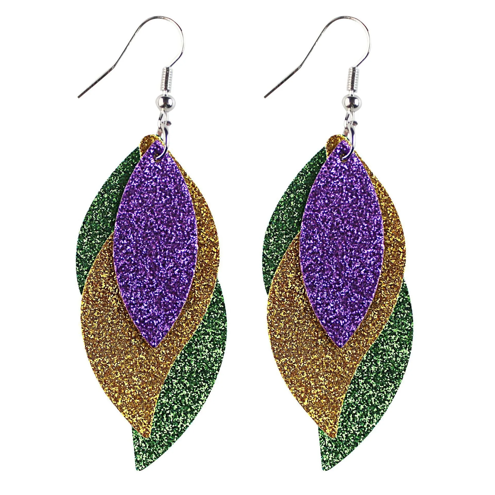 Wholesale Cross-grain single-sided print onion powder water drop three-layer leather earrings