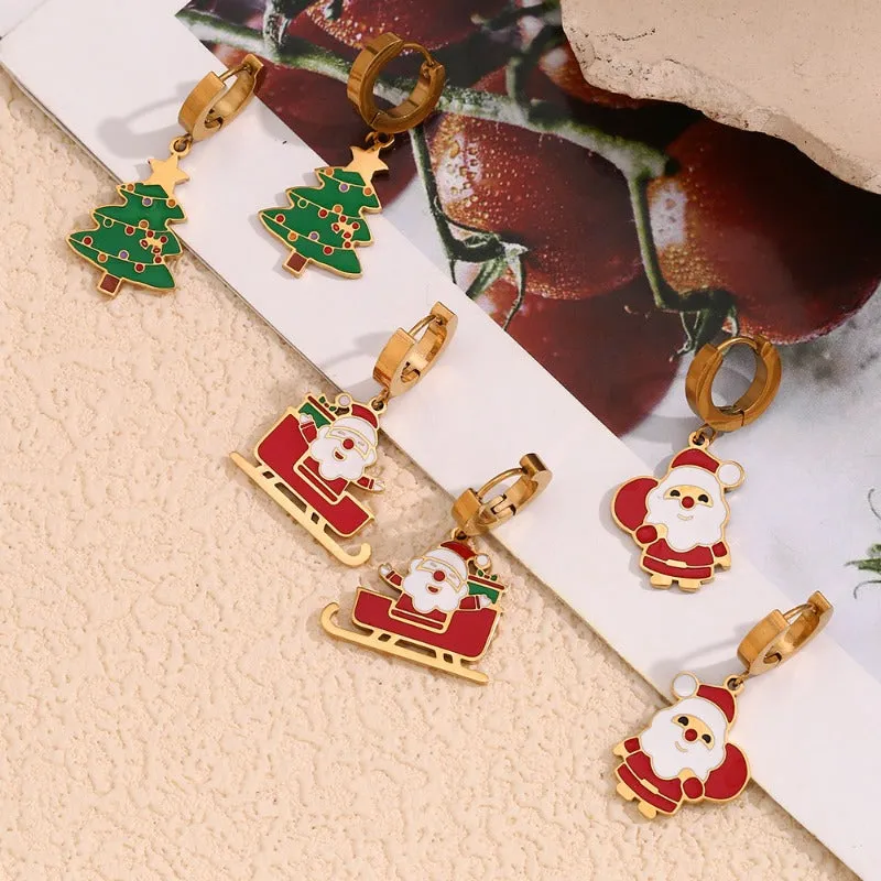 Wholesale Cute Cartoon Santa Claus Oil Dripping Stainless Steel 18K Gold Plated Sleigh Christmas Tree Earrings