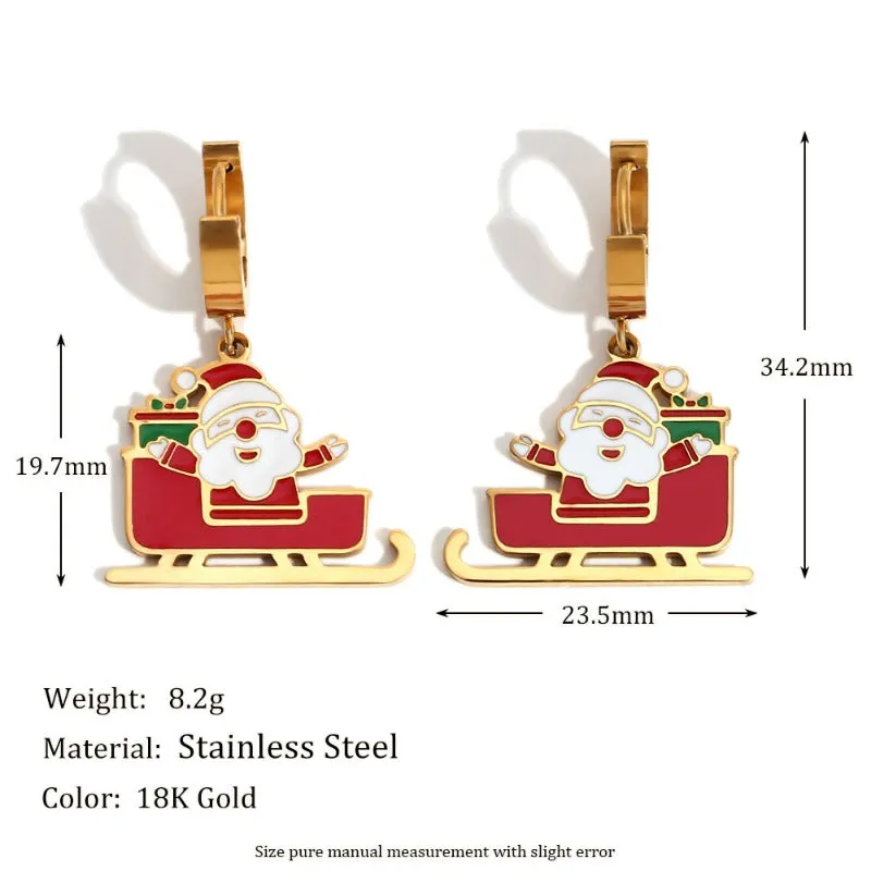 Wholesale Cute Cartoon Santa Claus Oil Dripping Stainless Steel 18K Gold Plated Sleigh Christmas Tree Earrings