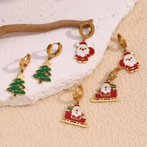 Wholesale Cute Cartoon Santa Claus Oil Dripping Stainless Steel 18K Gold Plated Sleigh Christmas Tree Earrings
