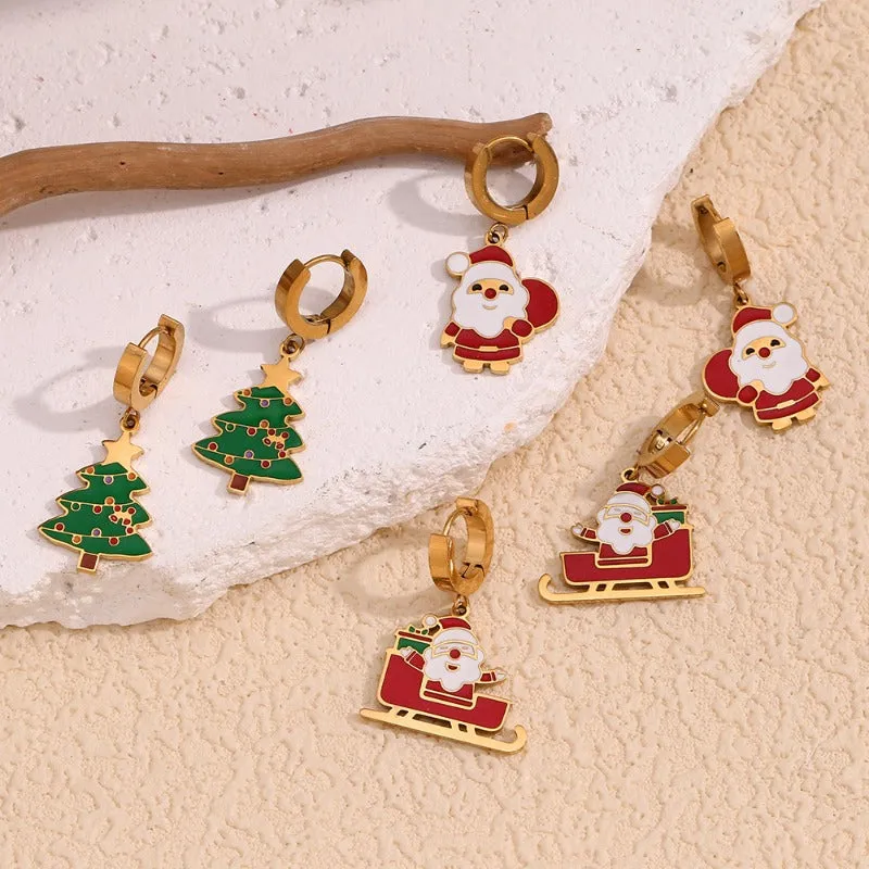 Wholesale Cute Cartoon Santa Claus Oil Dripping Stainless Steel 18K Gold Plated Sleigh Christmas Tree Earrings