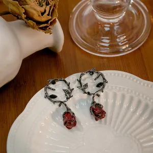 Wholesale Dark rattan red rose flower earrings